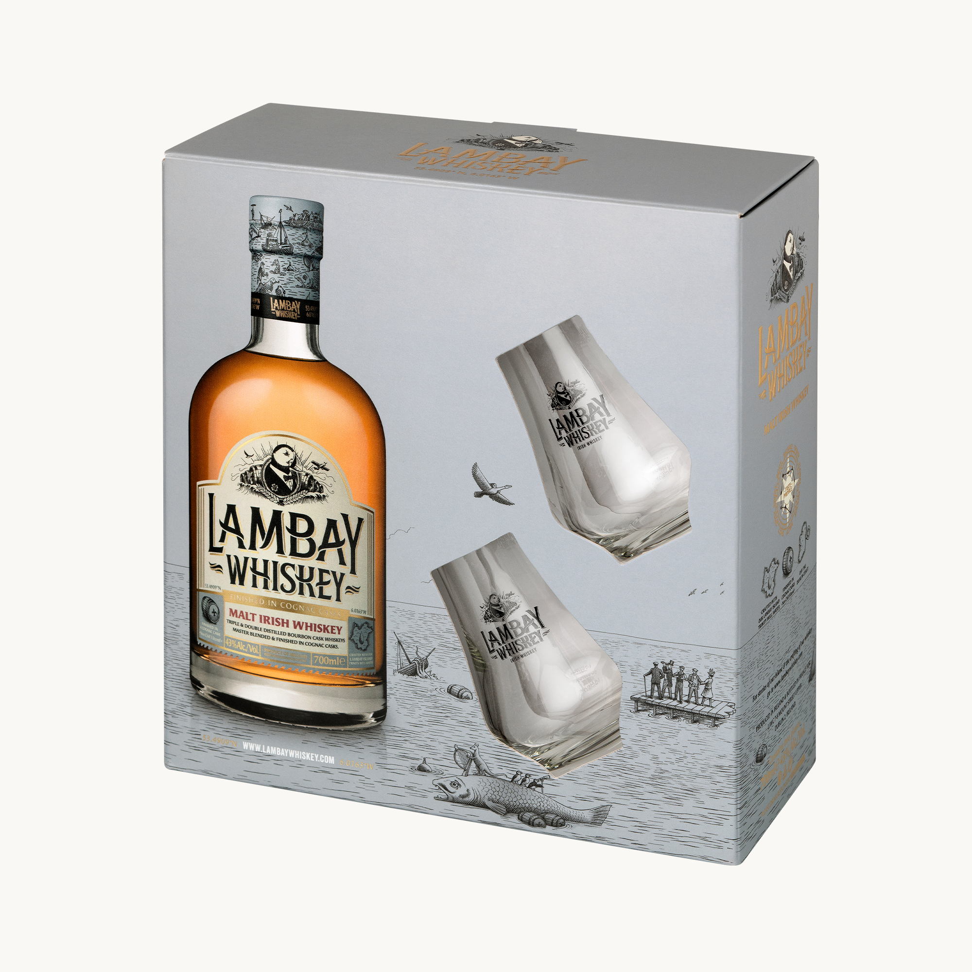 LAMBAY MALT IRISH WHISKEY 43° w/ 2 glasses - CAMUS COGNAC